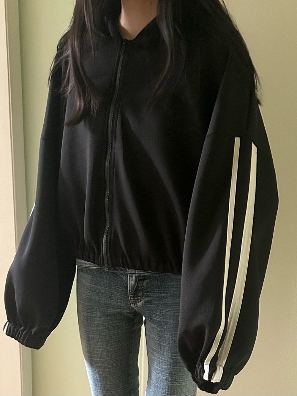 Black Hooded Bomber Jacket with White Sleeve Stripes